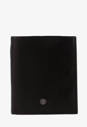 Portafoglio bifold in pelle nera con superficie testurizzata e piccolo emblema metallico circolare con design a forma di ventaglio al centro in basso anteriore.
