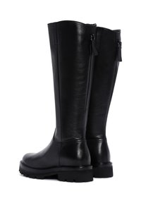 Black leather knee-high boots with a smooth texture, rounded toe, and a rugged sole. Features a back zipper and raised stitching accents.