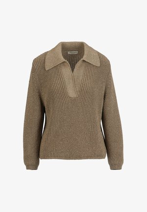 Suéter de punto marrón con superficie texturizada, escote en V profundo y cuello plano. Mangas largas y ajuste relajado. Contiene hilos metálicos.