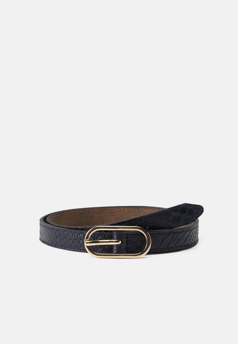Navy blue textured leather belt with a gold oval buckle. The belt features a patterned surface and a smooth inner lining.