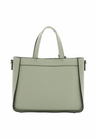 Sac à main synthétique vert avec deux poignées courtes, forme géométrique, garniture noire et détails cousus le long des bords.