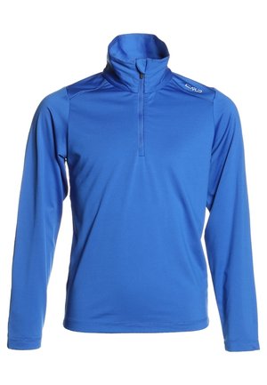 Blauer langärmeliger Sportpullover mit hohem Kragen und Viertelreißverschluss, mit kleinem weißen CMP-Logo auf der rechten Schulter.