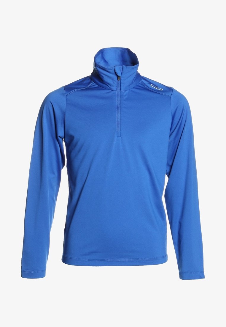 Niebieski, długi rękaw, sportowy pulower z wysokim kołnierzem i zamkiem błyskawicznym na ćwierć, z małym białym logo CMP na prawym ramieniu.