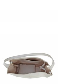 Borsa tote bianca in pelle con una texture morbida e un interno spazioso. Presenta una tasca con zip e una foderatura in tessuto di colore chiaro.