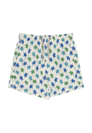 Pantaloncini da bagno bianchi con vita elastica, motivo tartaruga marina blu e verde e coulisse regolabile.
