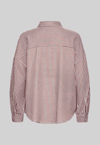 Striped button-up shirt in burgundy and white, featuring a spread collar, long sleeves, and a loose fit with drop shoulders and cuffed sleeves.