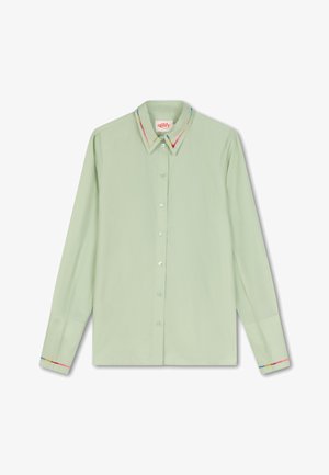 Lichtgroene overhemd met lange mouwen, voorzien van contrasterende kleurrijke bies op de kraag en manchetten, gemaakt van gladde stof.