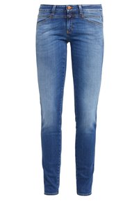 Blå denimjeans med slim fit, med en klassisk femficktdesign, ljus blekning och kontrasterande orange sömmar.