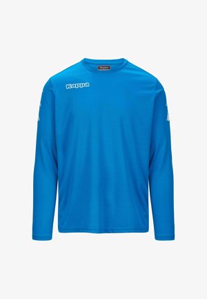 Blauw sportshirt met lange mouwen, gemaakt van een gladde stof, met een ronde halslijn en het witte Kappa-logo op de linkerborst en de mouwen.