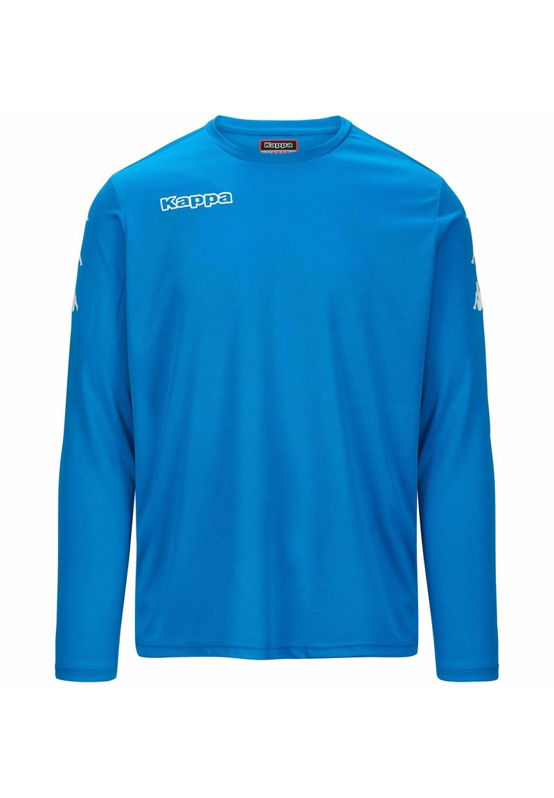 Maglietta sportiva a maniche lunghe di colore blu, realizzata in tessuto morbido, con scollo rotondo e logo Kappa bianco sul lato sinistro del petto e sulle maniche.