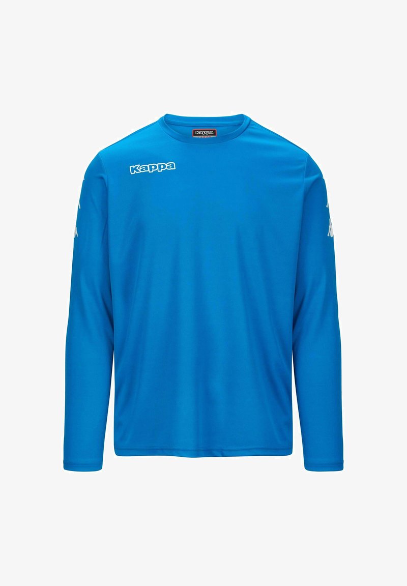 Maglietta sportiva a maniche lunghe di colore blu, realizzata in tessuto morbido, con scollo rotondo e logo Kappa bianco sul lato sinistro del petto e sulle maniche.