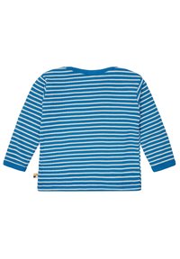 Maglietta a maniche lunghe di colore blu con strisce bianche. Morbido tessuto a coste, scollatura rotonda e polsini a contrasto. Piccola etichetta con il marchio sull'orlo.