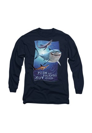 Navy long-sleeve shirt featuring cartoon sharks and text "FISH ARE FRIENDS NOT FOOD" on a colorful underwater background. Soft cotton material.