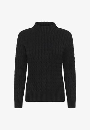 Suéter negro de punto con un cuello alto acanalado y un patrón de punto de cable. Mangas largas y silueta ajustada. Textura suave.