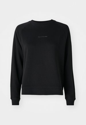 Black sweatshirt with long sleeves, ribbed cuffs, and hem. Features a subtle logo in gray on the front. Soft cotton blend fabric.