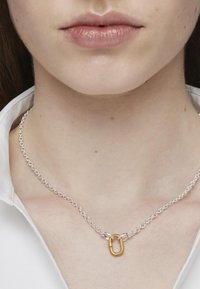 Collana in argento caratterizzata da un intreccio elaborato, con un accento dorato al centro, posizionata all'altezza della clavicola.