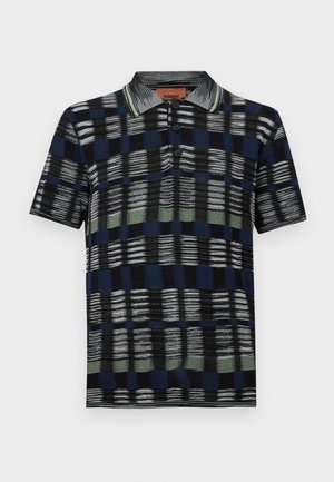 Polo à manches courtes avec un motif à carreaux bleu marine, noir et vert, tissu texturé, patte de boutonnage à trois boutons et col rayé.