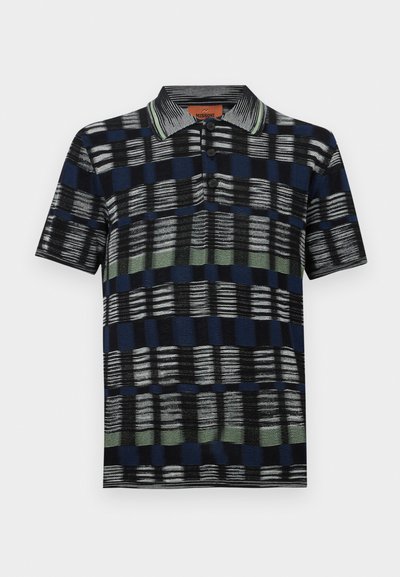 Short-sleeve polo shirt in navy, black, and green checkered pattern with textured fabric, three-button placket, and striped collar.
