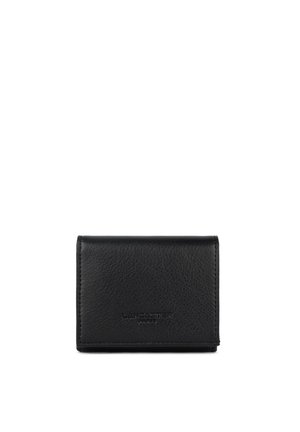 Schwarze, strukturiert genarbte Lederbrieftasche mit genähten Kanten und geprägtem "LANCASTER PARIS"-Logo in der vorderen Mitte.