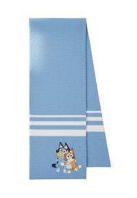 Sciarpa azzurro chiaro con strisce bianche, caratterizzata da un motivo tessuto di due cani cartoon che si abbracciano vicino al fondo. Morbida al tatto, forma rettangolare.
