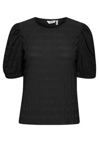 Svart texturerad kortärmad blus med puffärmar och rund halsringning, storlek medium, tillverkad i Turkiet.