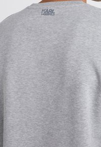 Vista posteriore di una persona che indossa una maglietta grigia chiara con il logo "KARL LAGERFELD" stampato in grigio scuro nella parte superiore del collo sul retro.