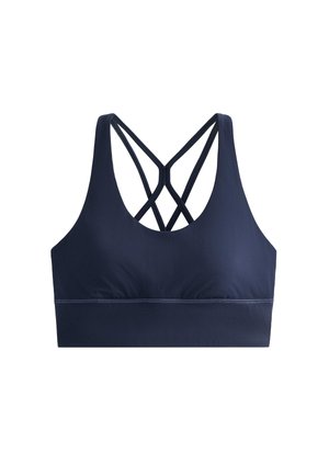 Marineblauwe sportbeha met een ronde halslijn en kruisende bandjes op de rug. Gemaakt van een zachte, rekbare stof met een aansluitend ontwerp.