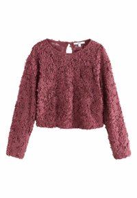 Langærmet crop top i støvet rosenfarve, tekstureret med lagdelte blomsterapplikationer. Har en rund halsudskæring og en nøglehulsåbning bagpå.