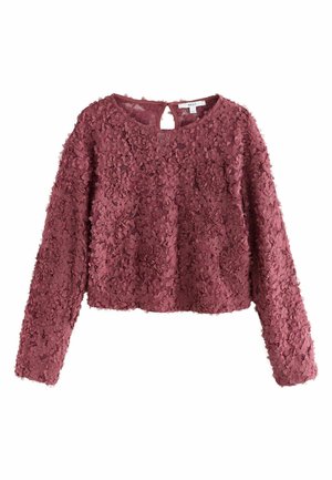 Langärmliges Crop-Top in staubigem Rosé, strukturiert mit geschichteten Blumenapplikationen. Verfügt über einen runden Ausschnitt und einen Schlüsselverschluss am Rücken.