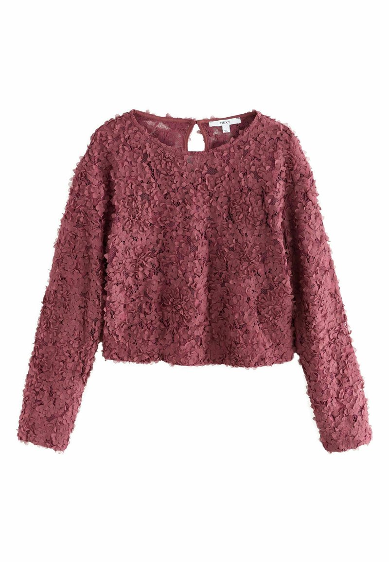 Long-sleeve crop top in dusty rose, textured with layered floral appliqués. Features a round neckline and a keyhole back closure.