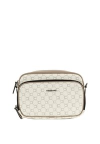 Borsa a tracolla beige con esterno in tela testurizzata stampata con motivi circolari. Presenta una cerniera nera a contrasto e dettagli con logo.
