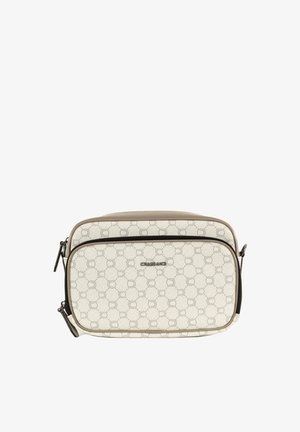 Borsa a tracolla beige con esterno in tela testurizzata stampata con motivi circolari. Presenta una cerniera nera a contrasto e dettagli con logo.