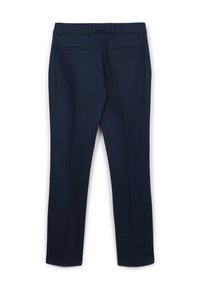 Pantalon bleu marine en tissu lisse, avec deux poches arrière et une coupe droite avec un devant plat et des passants de ceinture.