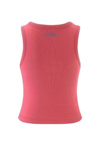 Punainen hihaton crop-top, joka on valmistettu ribbikankaasta ja jossa on pyöreä kaula-aukko sekä hienovarainen sininen logo takaosassa. Sileä pinta, istuva muoto.