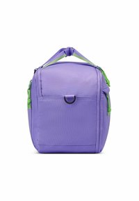 Sac à lunch isolé violet avec un compartiment principal zippé, des accents verts, une poignée supérieure et une poche avant dotée d'un petit détail en boucle.