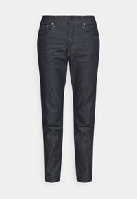 Dark blue denim jeans with a slim fit, featuring a button closure, five pockets, and subtle stitching details. Smooth texture.