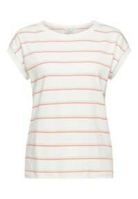 Witte t-shirt met lichtroze horizontale strepen, korte opgerolde mouwen en een ronde halslijn. Gemaakt van zacht katoen.