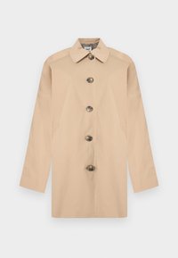 Manteau beige à boutons, manches longues et col, coupe droite avec coutures visibles près des épaules.