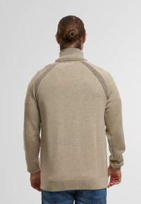 Beige gebreide trui met een hoge kraag, geribbelde zoom en subtiele textuur. Beschikt over raglanmouwen en contrasterende stiksels.