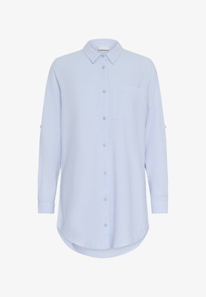 Hele sinine pika varrukaga nööpidega särk. Omadused: krae, rinnatasku ja üleskeeratud varrukad. Sile tekstuur ja ümar äär.