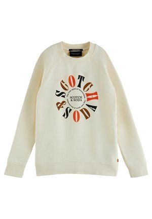 Bluza w kolorze kremowym z okrągłym dekoltem i wielokolorowym, okrągłym nadrukiem "Scotch & Soda" na froncie.