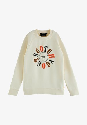 Cremefarvet sweatshirt med rund hals og flerfarvet cirkulær "Scotch & Soda" tekst trykt på fronten.