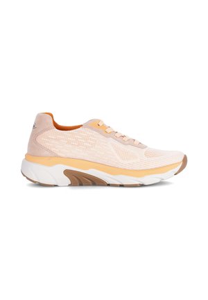 Light peach and beige athletic sneaker with white and brown sole, mesh upper, and lace-up closure, shown from the outer side.