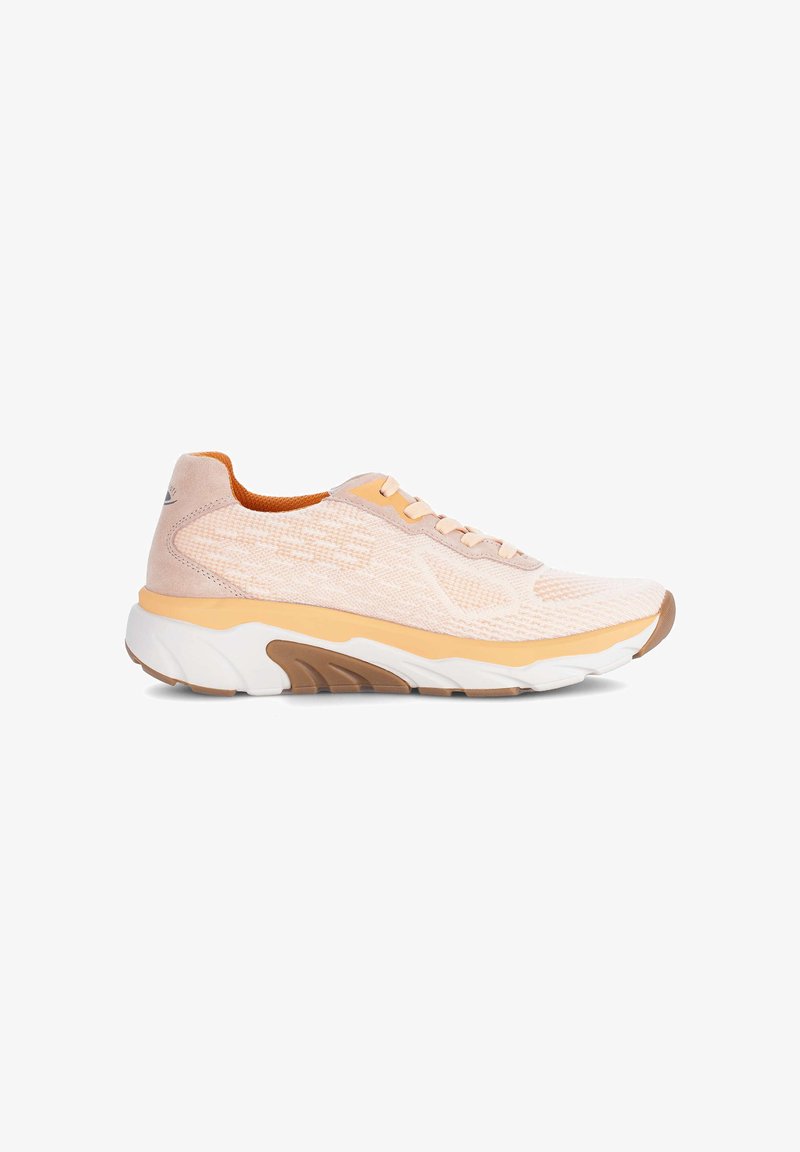 Light peach and beige athletic sneaker with white and brown sole, mesh upper, and lace-up closure, shown from the outer side.
