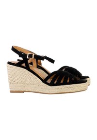 Sandali wedge neri in suede con tacco in juta intrecciata, dotati di cinturini incrociati e di una cinghia regolabile alla caviglia per una vestibilità sicura.