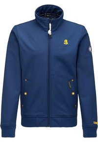 Giacca zip-up blu navy realizzata in tessuto morbido, con colletto alto, logo giallo, tasche frontali con bottoni dorati e polsini a coste.