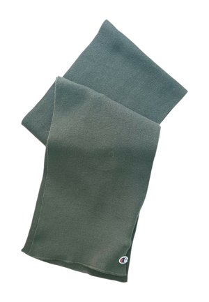 Sciarpa lavorata a maglia verde scuro piegata con un piccolo logo del marchio Champion in un angolo su sfondo bianco.