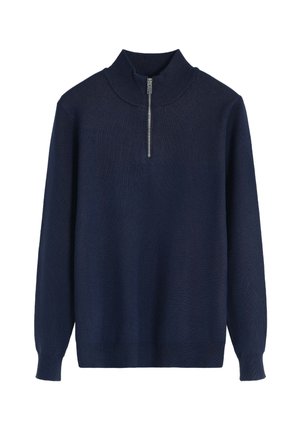 Pull-over en maille bleu marine avec un col haut et une fermeture éclair sur le devant. Dispose de manches longues et d'un ourlet et de poignets côtelés pour un ajustement confortable.