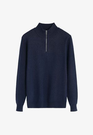 Pull-over en maille bleu marine avec un col haut et une fermeture éclair sur le devant. Dispose de manches longues et d'un ourlet et de poignets côtelés pour un ajustement confortable.