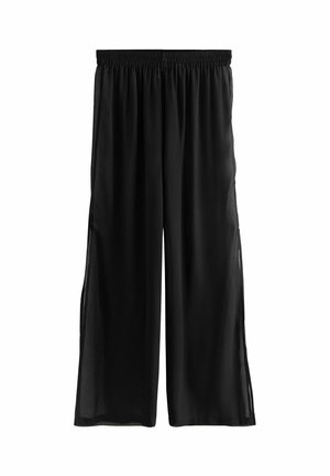 Pantaloni neri leggeri e larghi con vita elasticizzata e spacchi laterali, realizzati in materiale trasparente per un fit rilassato.